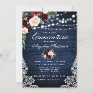 Invitation Quinceanera rustique Bois Bourgogne Bleu Floral
