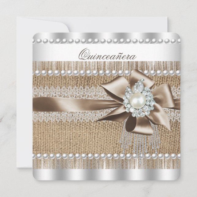 Invitation Quinceanera Rustique Burlap Perle Dentelle Perle (Devant)