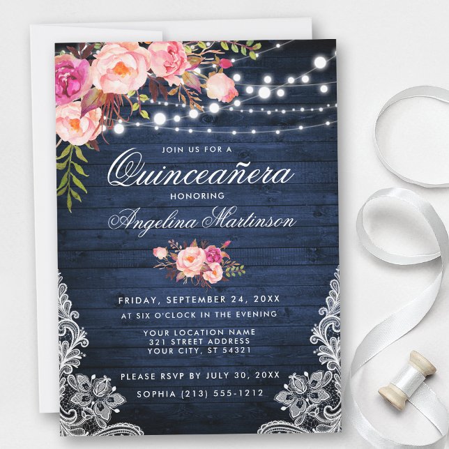 Invitation Quinceanera rustique Lumières en bois bleu rose Fl (Customize to add more text or photos to back of card.)
