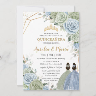 Invitation Quinceañera Sage Green Baby Blue Floral Twins Or