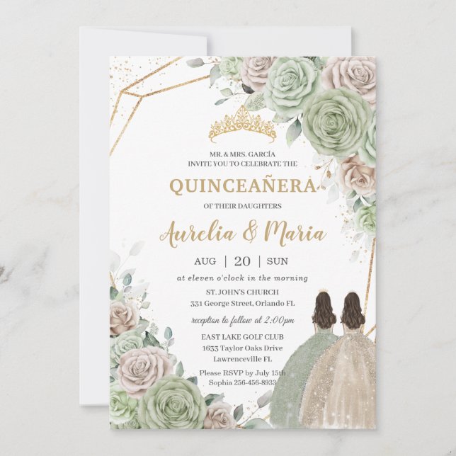 Invitation Quinceañera Sage Green Champagne Gold Floral Twins (Devant)