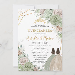 Invitation Quinceañera Sage Green Champagne Gold Floral Twins