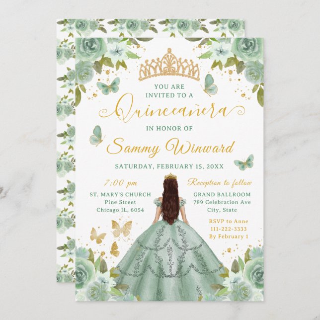Invitation Quinceañera Sage Green Princess Brunette Girl (Devant / Derrière)