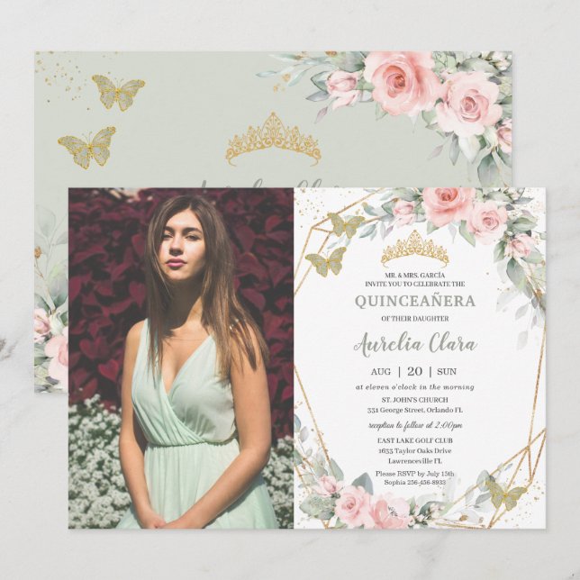 Invitation Quinceañera Sage Papillons verts Pink Floral (Devant / Derrière)