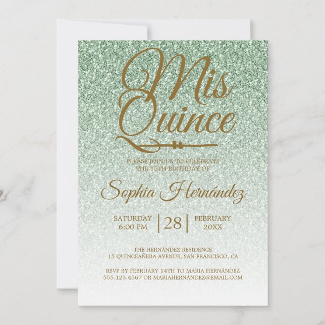 Invitation Quinceañera Sage Parties scintillant verte 15e ann (Devant)
