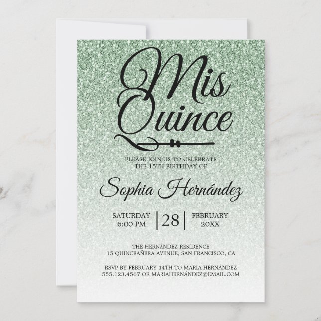 Invitation Quinceañera Sage Parties scintillant verte 15e ann (Devant)
