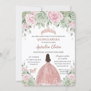 Invitation Quinceañera Sage Vert bébé rose Floral Rose Or