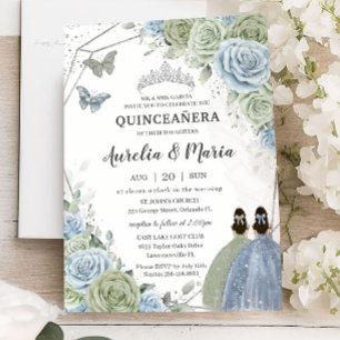 Invitation Quinceañera Sage Vert Bleu Floral Jumeaux Argent