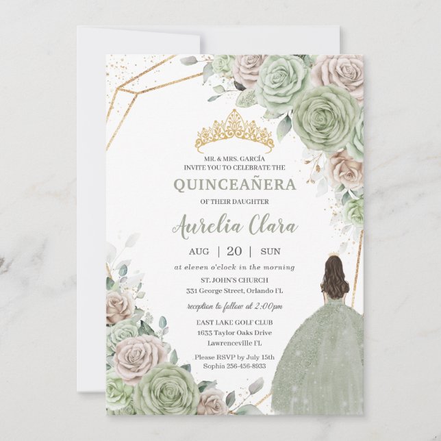 Invitation Quinceañera Sage Vert Champagne Or Floral (Devant)
