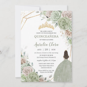Invitation Quinceañera Sage Vert Champagne Or Floral