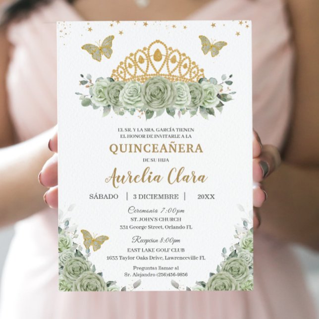 Invitation Quinceañera Sage Vert Floral Or Couronne Español (Créateur téléchargé)