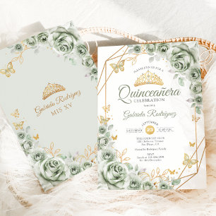 Invitation Quinceanera Sage Vert Or Floral