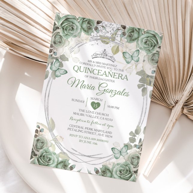 Invitation Quinceañera Sage Vert & Papillon de la Couronne Ar (Créateur téléchargé)