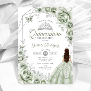 Invitation Quinceanera Sage Vert Robe Argent Floral