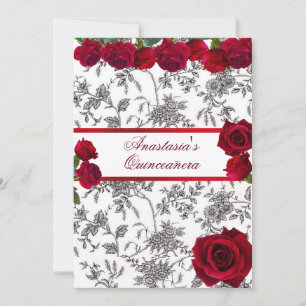 Invitation Quinceanera Satin Rouge Roses Rouges Toile Noir et