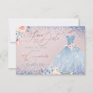 Invitation Quinceanera Sauvez la date Dusty Blue Gown