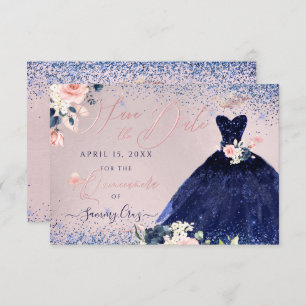 Invitation Quinceanera Sauvez la date Marine Blue Gown