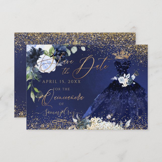 Invitation Quinceanera Sauvez la date Marine Blue Gown (Devant / Derrière)