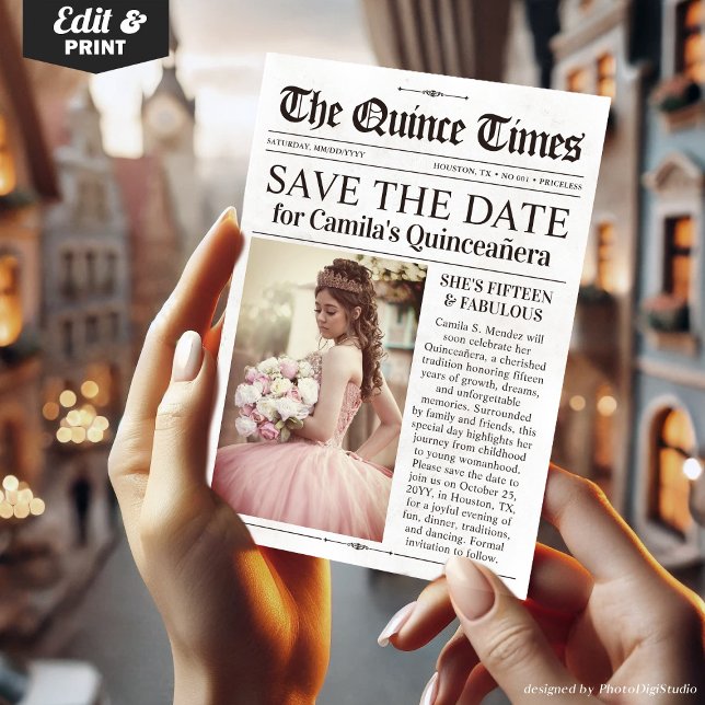 Invitation Quinceañera Save the Date, Miss Quince Newspaper (Quinceañera Save the Date, Miss Quince Newspaper Invitation)