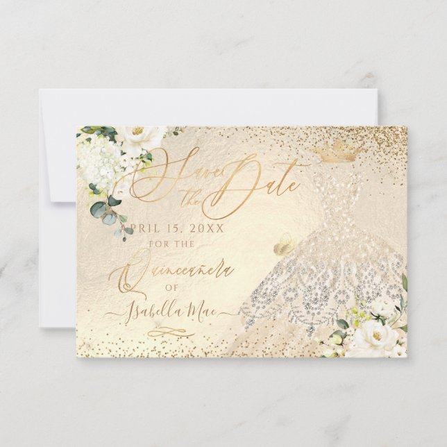 Invitation Quinceanera Save the Date Or Robe Faux Paillettes  (Devant)