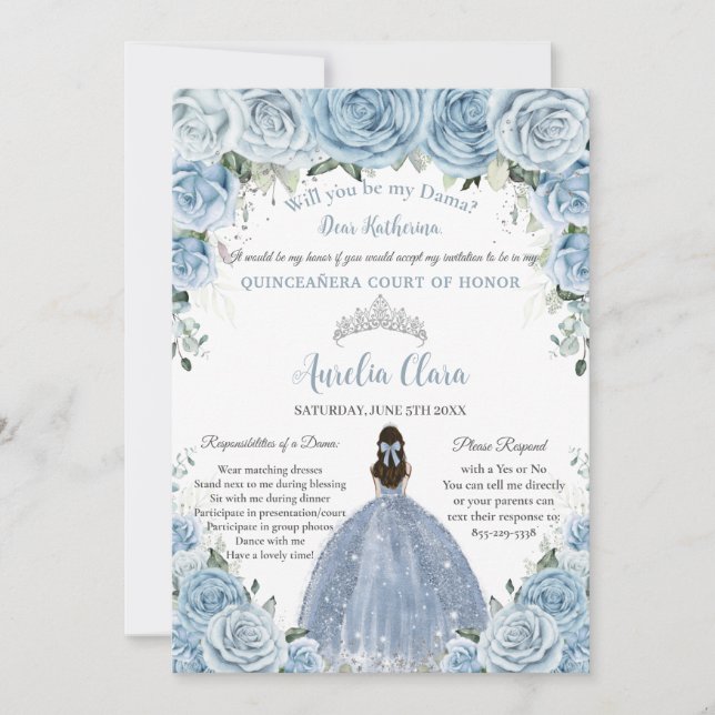 Invitation Quinceañera Silver Baby Blue Floral Dama Demande (Devant)