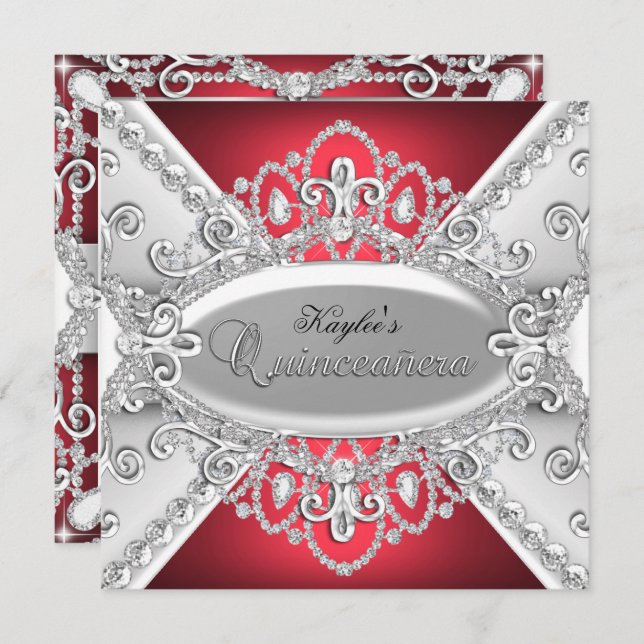 Invitation Quinceanera Silver & Red Diamond Damask (Devant / Derrière)