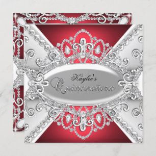 Invitation Quinceanera Silver & Red Diamond Damask