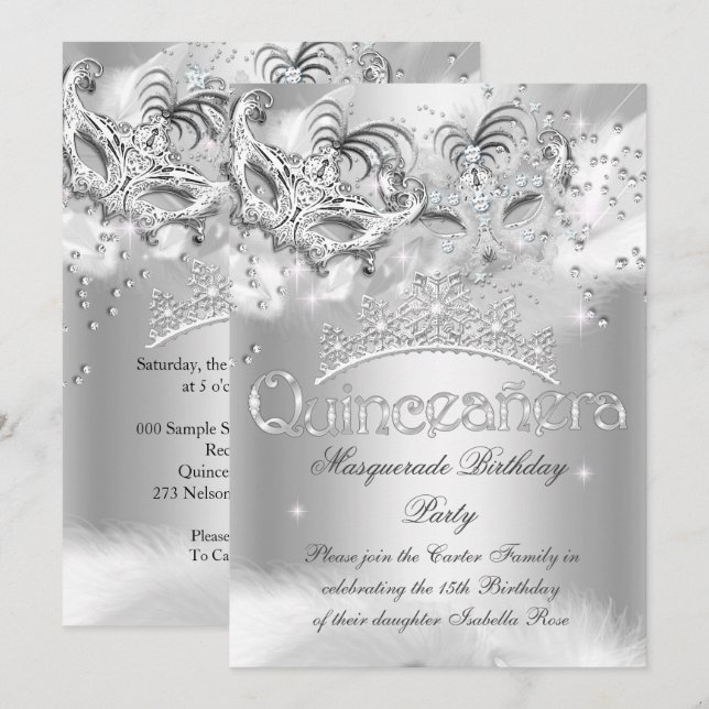 Invitation Quinceanera Silver Sparkel Masquerade Party (Devant / Derrière)