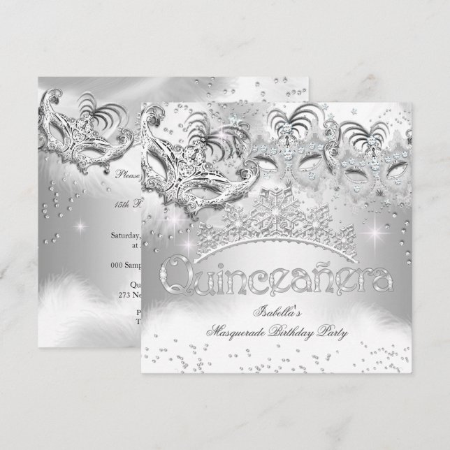 Invitation Quinceanera Silver Sparkel Masquerade Party 2 (Devant / Derrière)