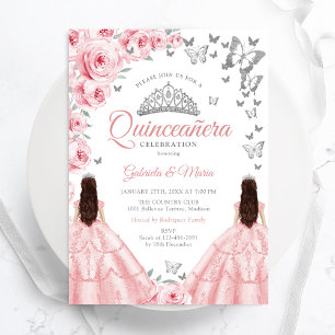 Invitation Quinceanera Silver White Rose Floral Twins