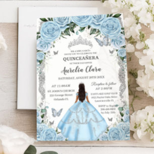 Invitation Quinceañera Sky Blue Floral Gown Princess Silver