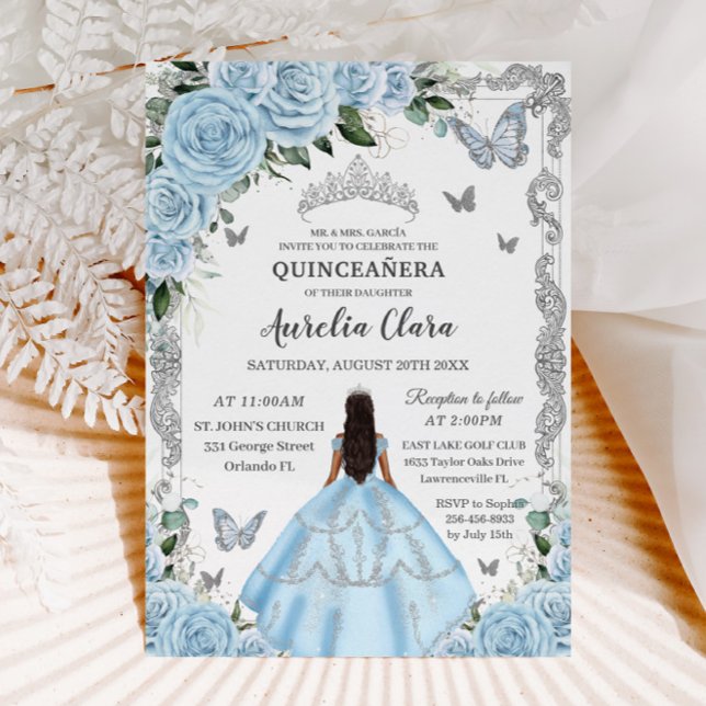 Invitation Quinceañera Sky Blue Floral Robe Princesse Argent (Créateur téléchargé)