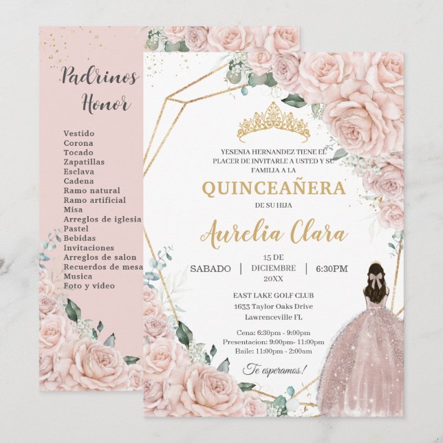 Invitation Quinceañera Soft Blush Floral 15 Años Padrinos (Devant / Derrière)
