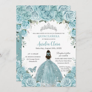 Invitation Quinceañera Soft Turquoise Floral Argent Couronne