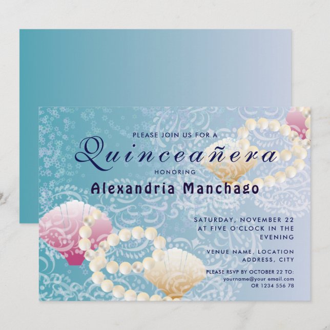 Invitation Quinceanera sous la dentelle de mer, perles coquil (Devant / Derrière)