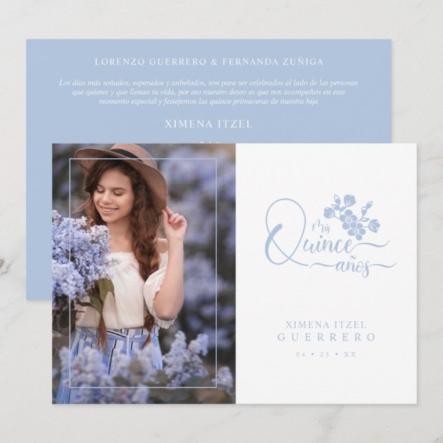 Invitation Quinceañera Spanish Blue Floral Wreath Photo (Devant / Derrière)