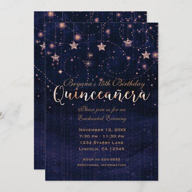 Invitation Quinceañera Starry Nuit violet & Or Whimsical (Devant / Derrière)