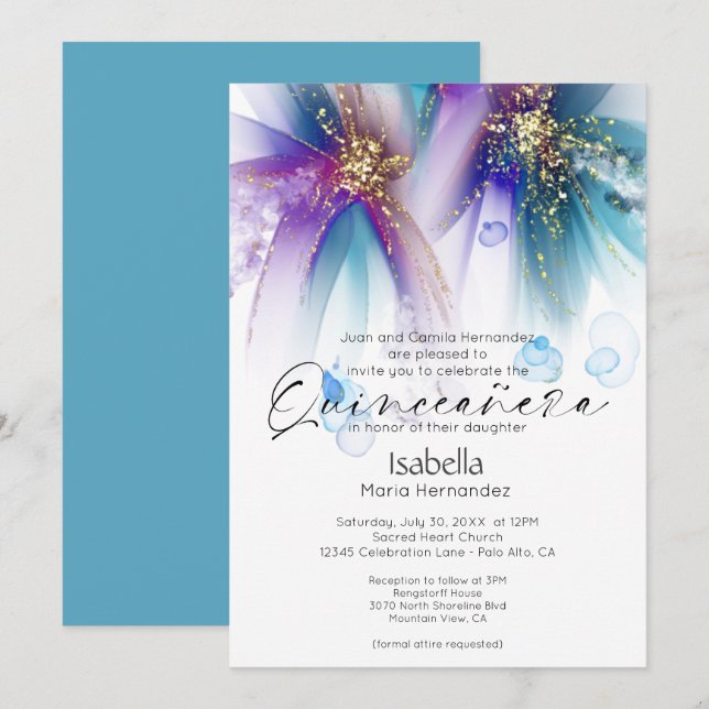 Invitation Quinceanera | Striking Turquoise Purple Abstrait (Devant / Derrière)