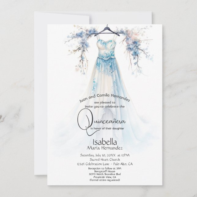 Invitation Quinceañera | Superbe gown floral bleu (Devant)