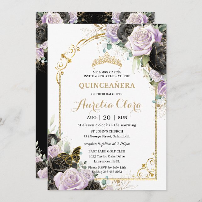 Invitation Quinceañera Sweet 16 Black Lilac Floral Padrinos (Devant / Derrière)