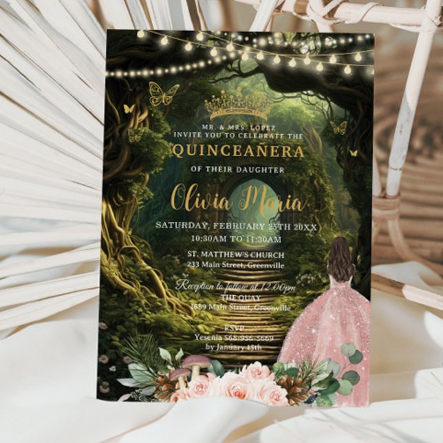 Invitation Quinceañera Sweet 16 Forêt Enchantée Blush Floral (Créateur téléchargé)