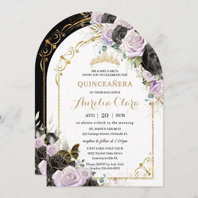 Invitation Quinceañera Sweet 16 Noir violet Arc Floral Or (Devant / Derrière)