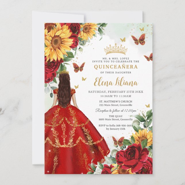 Invitation Quinceañera Sweet 16 Roses Rouges Fleurs de soleil (Devant)