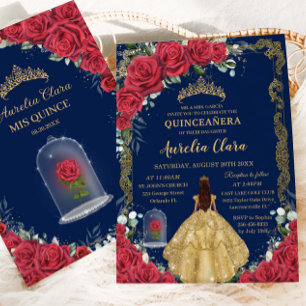 Invitation Quinceañera Sweet 16 Rouge enchantée Rose bleu mar