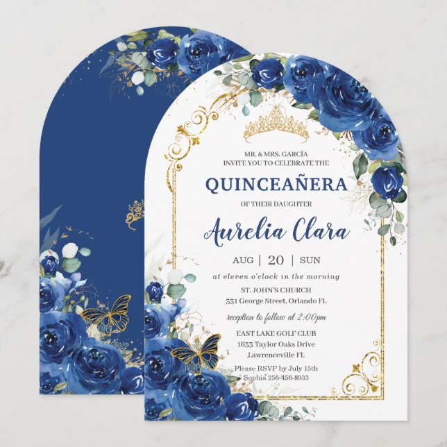 Invitation Quinceañera Sweet 16 Royal Blue Floral Arch (Devant / Derrière)