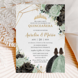 Invitation Quinceañera Sweet 16 Sage Vert Black Floral Twins