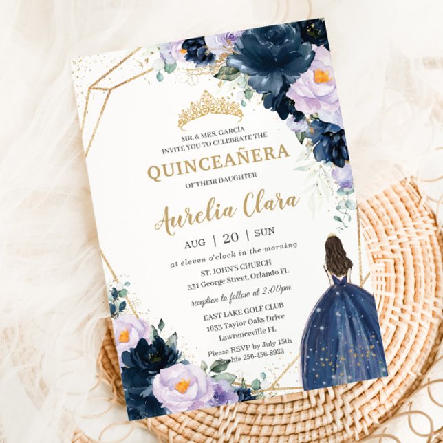Invitation Quinceañera Sweet 16 Violet Lilac Marine Bleu Flor (Créateur téléchargé)
