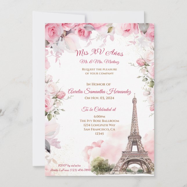 Invitation Quinceañera Thème Paris Rose Fleurie (Devant)