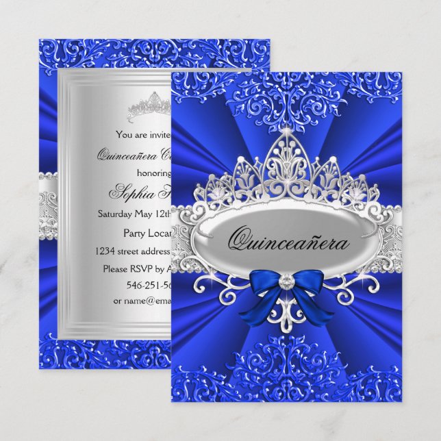 Invitation Quinceanera Tiara Bleue & Damassé (Devant / Derrière)