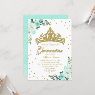 Invitation Quinceañera Tiara Dorée Et Fleurs Sarce